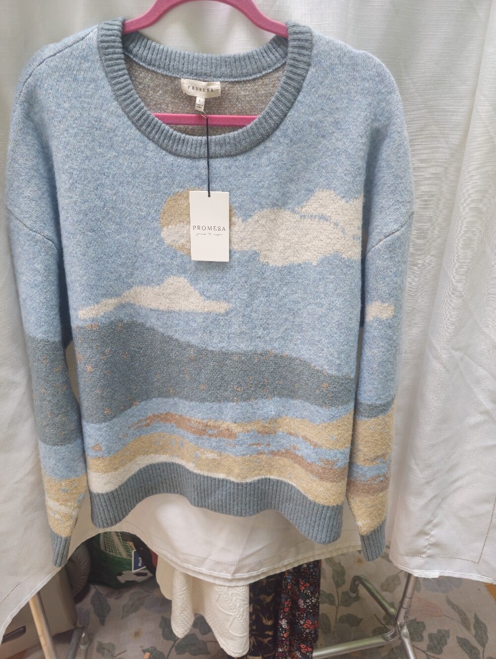 Promesa Women's size Large Wonderful World Landscape Knit Sweater NWT Oversized
